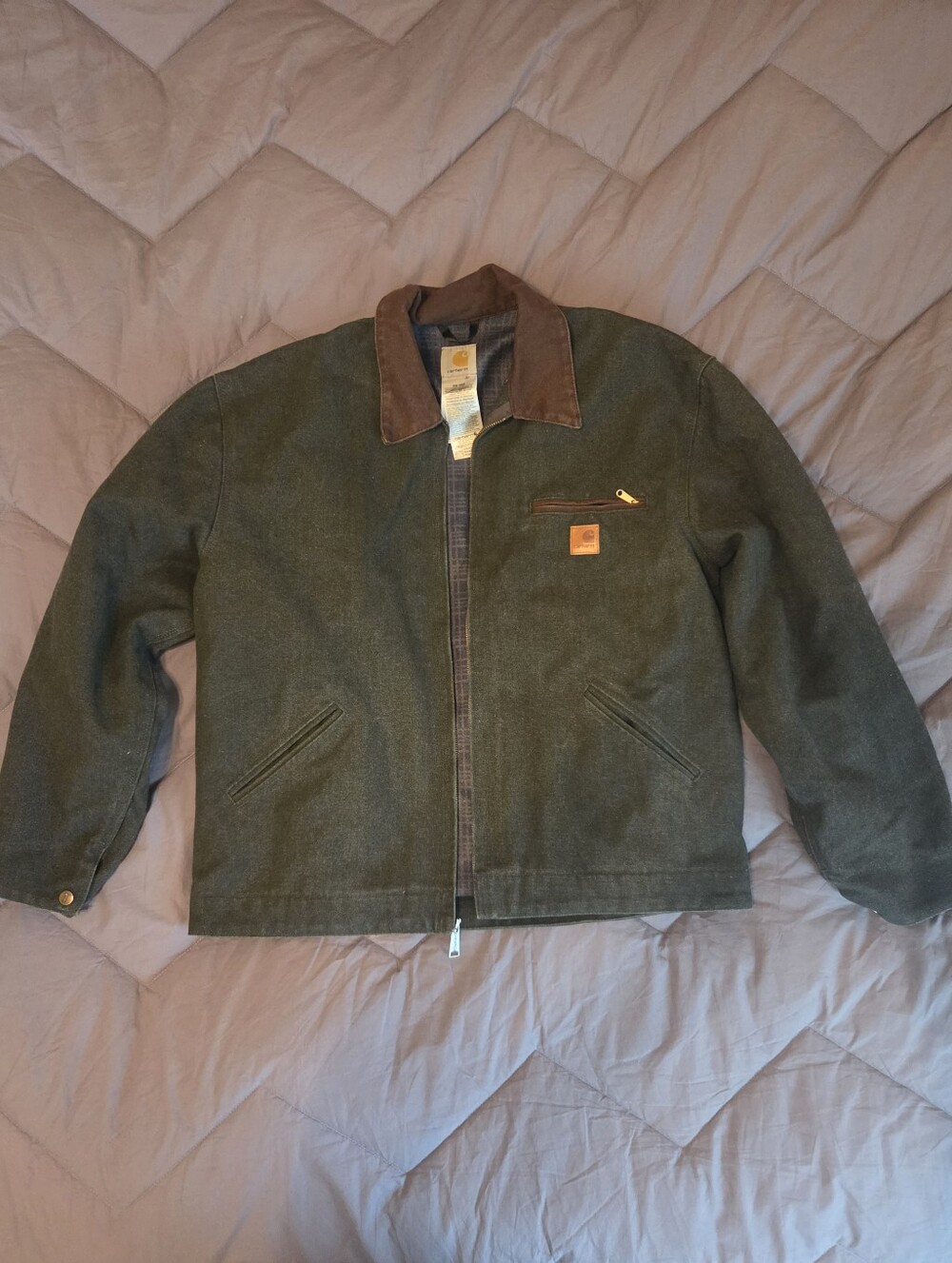Carhartt Men's Olive Green Duck Canvas Jacket with Brown Corduroy Collar